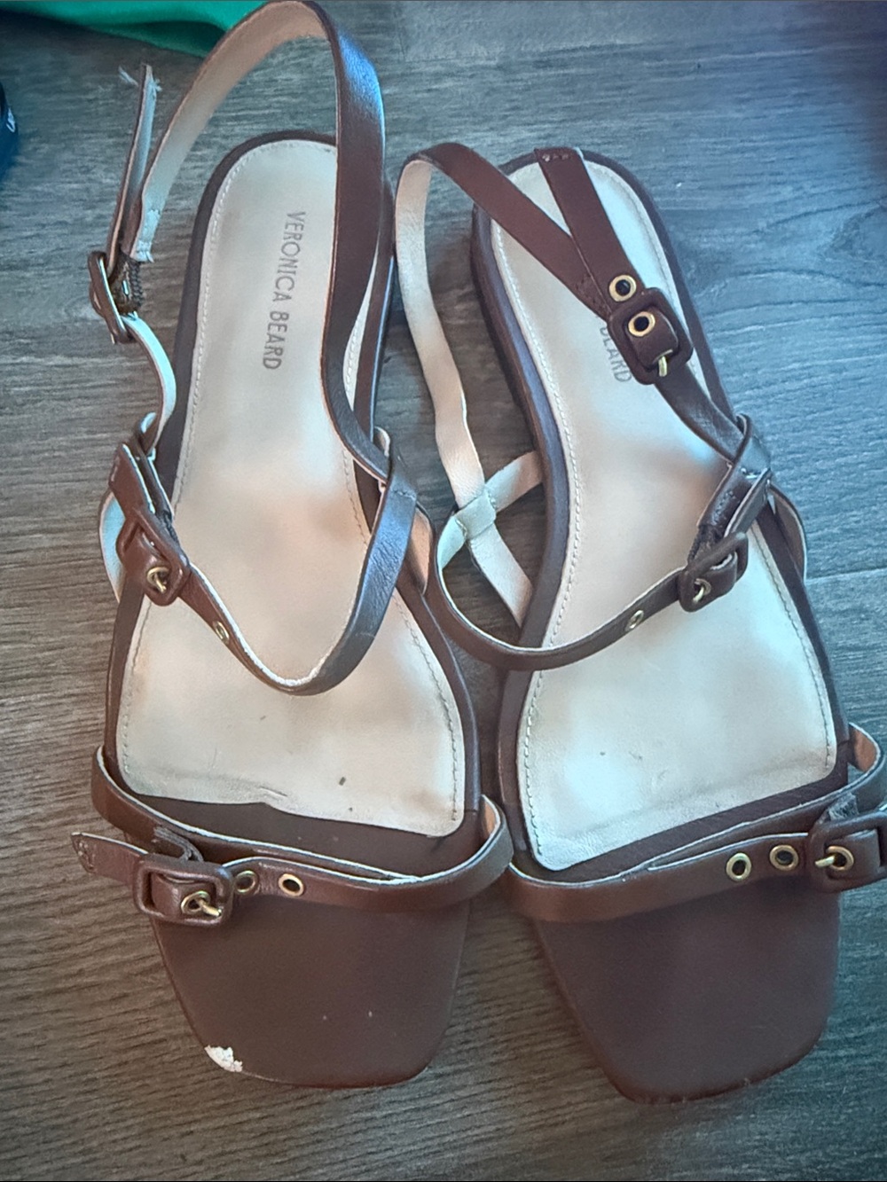 Veronica Beard Brown Leather Slingback Sandals with Gold Hardware
